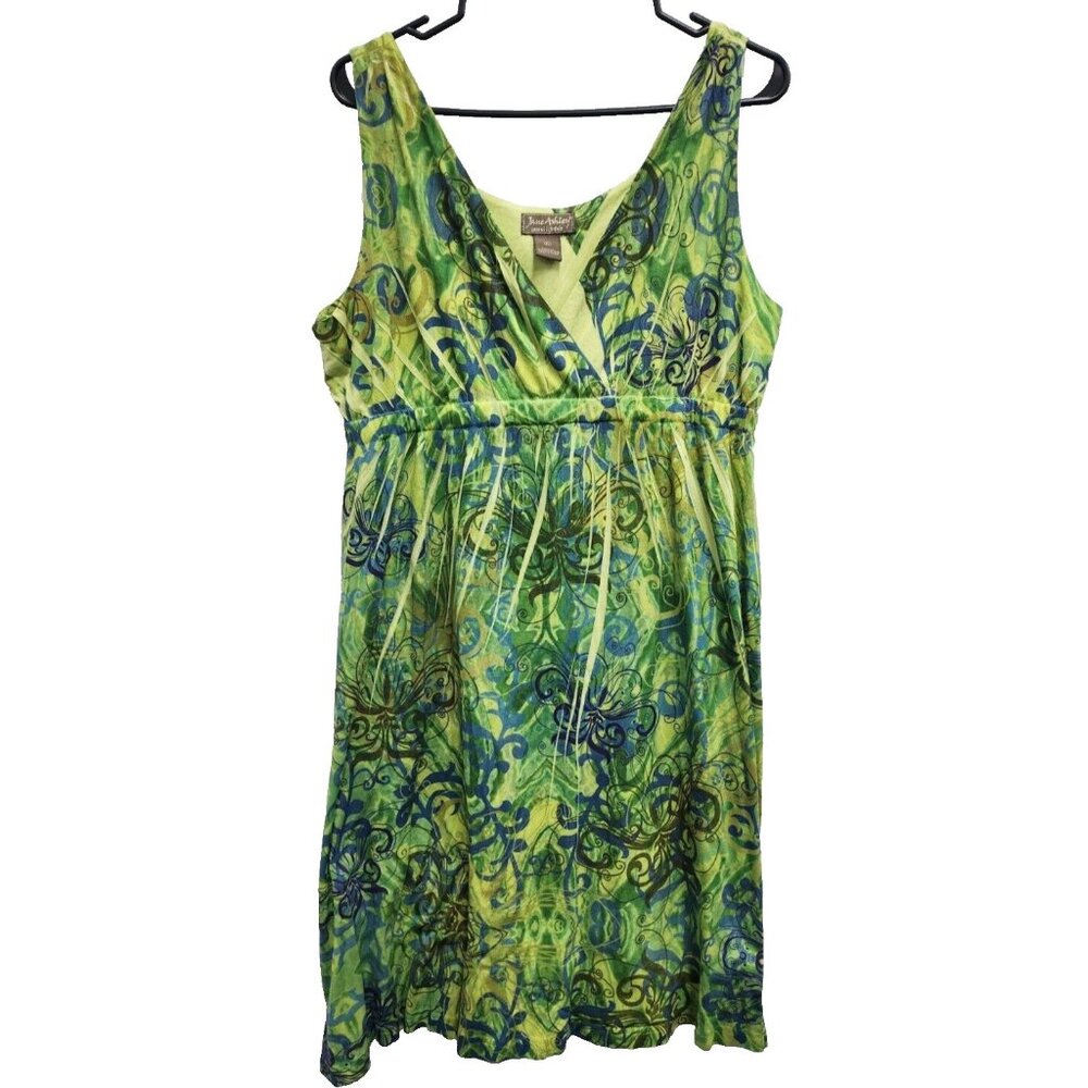 Vintage Jane Ashley Womens Babydoll Dress Large Green Floral Sleeveless Sundress